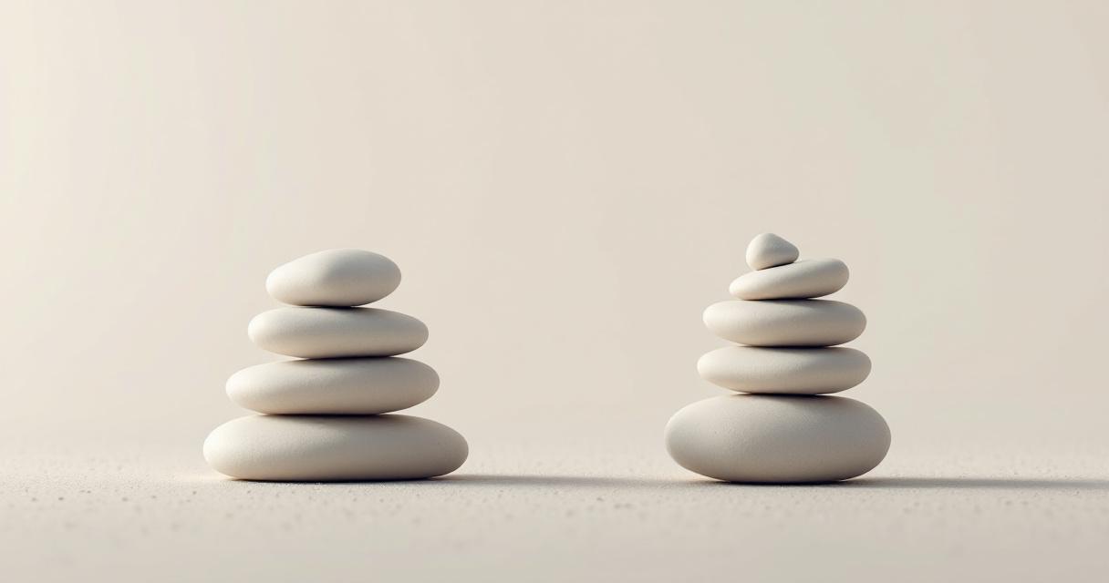 Abstract still life of two smooth stones side by side on calm pale sand, one light and one dark, soft daylight, a metaphor for two related but distinct concepts
