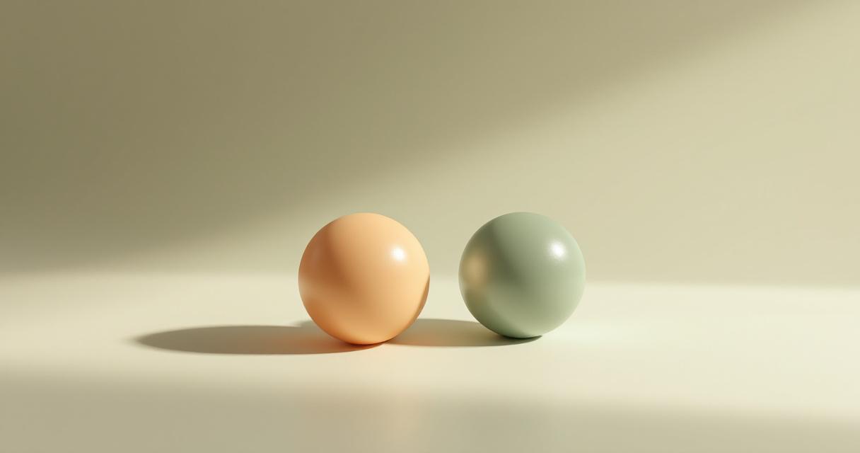 Abstract still life of a simple balance scale weighing a warm amber sphere against a cool green sphere on a neutral background in soft light, a metaphor for comparing two substances