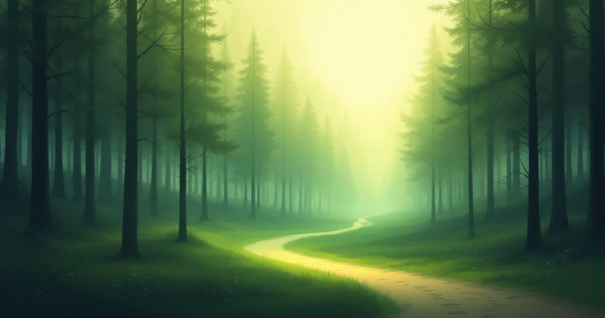 Abstract photograph of two quiet forest paths diverging at dawn through misty trees, warm soft light, no people and no text