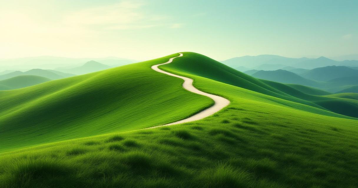Abstract landscape of a steady upward mountain trail rising through soft morning light toward a clear summit