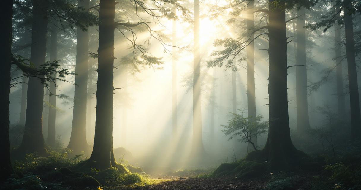 Abstract landscape of warm sunlight rays breaking through soft clouds over a calm horizon at dawn, a sense of hope and spiritual light