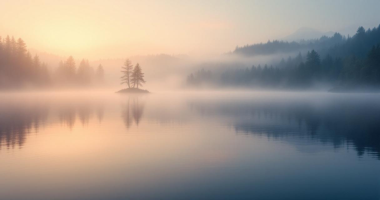 Abstract serene landscape of a calm misty river at soft sunrise with gentle reflections, a sense of a safe fresh start