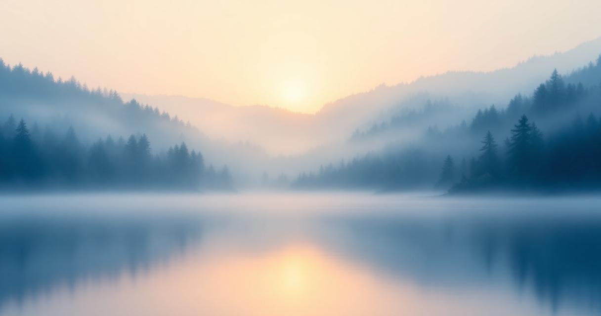 Abstract photograph of a calm lake at sunrise with soft mist and warm reflected light, no people and no text