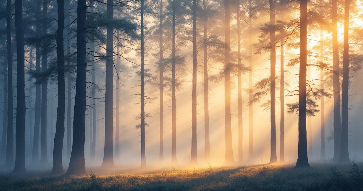 Abstract photograph of warm sunlight breaking through tall calm trees in a quiet forest, soft light beams, no people and no text