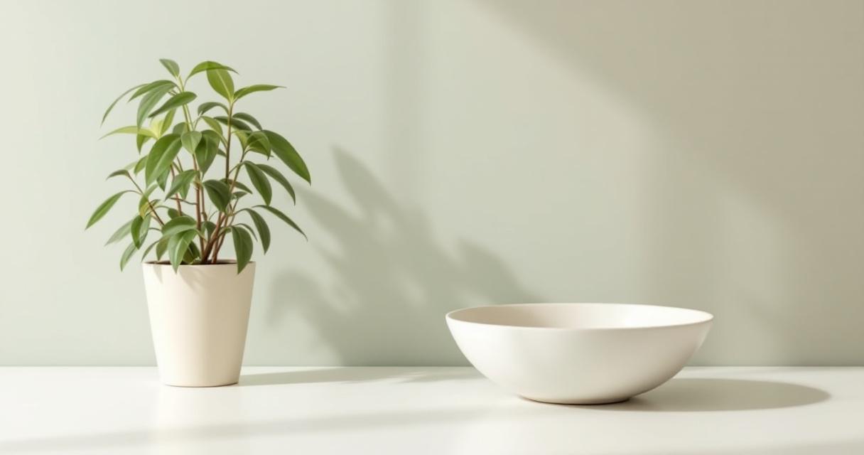 Abstract calm minimalist still life of a folded document holder and a small plant on a neutral desk in soft daylight, no people and no text