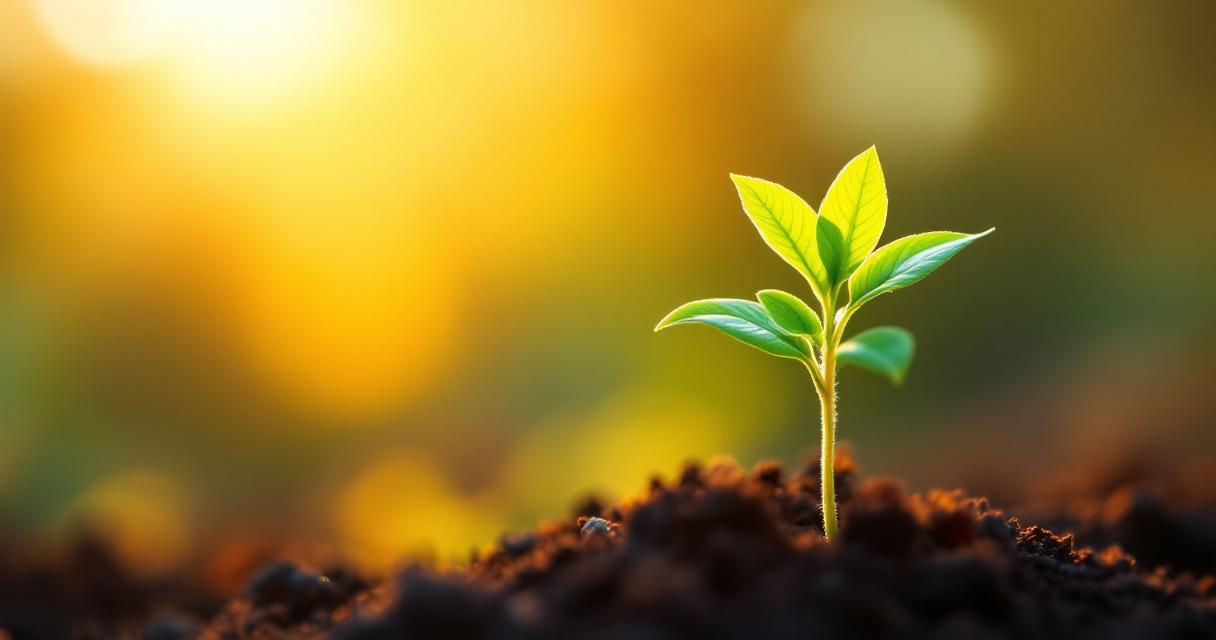 Abstract warm landscape of a young sapling tree growing in soft morning light beside a sheltering older tree, a metaphor for guided growth