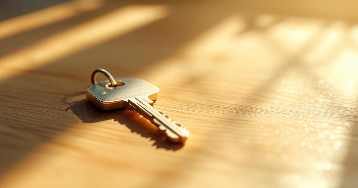 Abstract warm still life of a small set of house keys and a green plant on a sunlit windowsill ledge, a sense of a stable new home