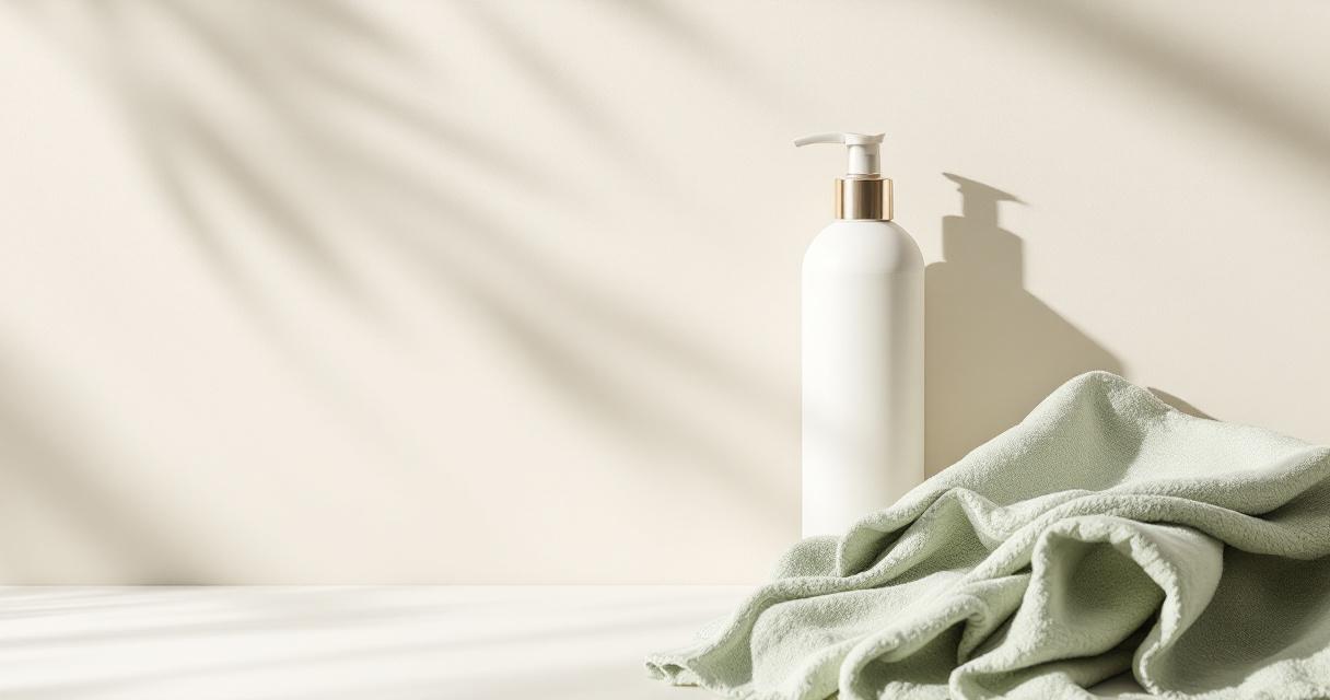 Abstract still life of unlabeled toiletry bottles and folded towels in soft morning light, muted sage and cream tones, no people and no text