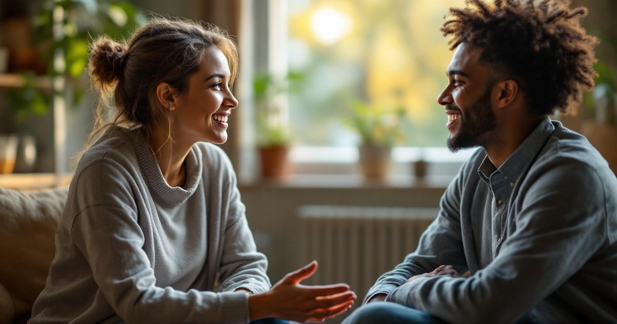 A compassionate support counselor having a warm, reassuring conversation with a person seeking addiction treatment